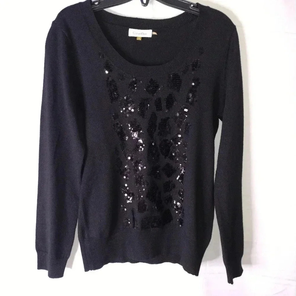 Calvin Klein Sequin Animal Print Black Lightweight Sweater Small Holiday
